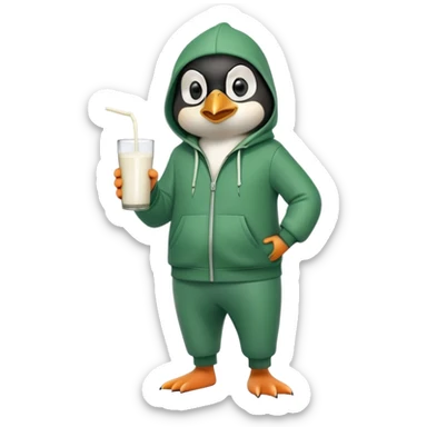 full body portrait of a friendly anthropomorphised penguin wearing a green mafia-style tracksuit, angry, intense brooding posture, holding a glass of milk sticker