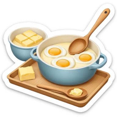A carton of eggs, butter and a cream ceramic baking bowl with a wooden spoon in it sticker