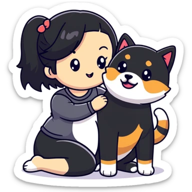 girl with black shoulder-length hair wearing a black tight-fitting top with a calico cat with white mouth and a shiba inu dog sticker