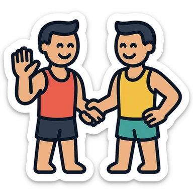 two gym buddies meeting each other, friendly, waving or shaking hands, simple and clear design, icon style, fitness theme sticker