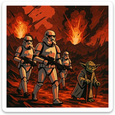 vector art of a Starwars stormtroopers is walking on lava planet with yoda, battleground background 
 sticker