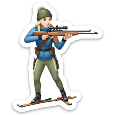An icon showing a snowy landscape with pine trees, mountains, and a clear sky with a biathlete aiming a rifle in the foreground, wearing winter gear and skis. Transparent background emphasizes the precision, endurance, and beauty of this winter sport. sticker