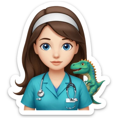 pretty brunette nurse with long hair and blue eyes in dinosaur pattern scrubs sticker