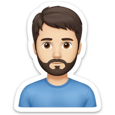 Argentine male with longer wavy dark brown hair reaching shoulders, wavy bangs, short complete beard, serious neutral face, wearing plain blue t-shirt sticker