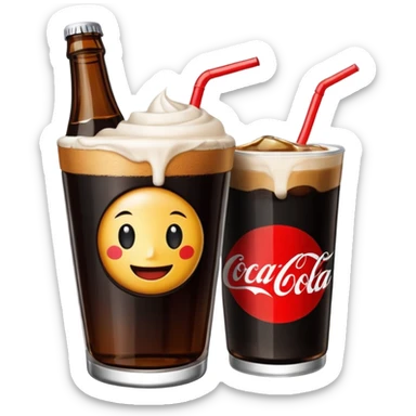 fernet con cocacola served in an improvised cup made from a cut Coca-Cola bottle, black drink with blonde foam, emoji style sticker