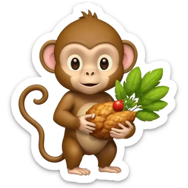 Monkey with chicken in one hand and a small bush in the other sticker