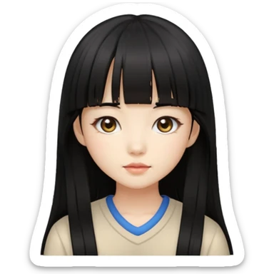 cute Korean girl, long black hair, fringe, beige eyes sticker