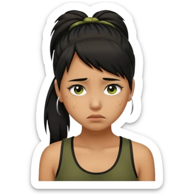 a tan girl with a black ponytail, black tank top, . Looking sad sticker