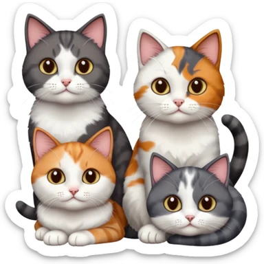 4 different coloured short haired cats including; a dark brown and white cat, and a dark grey and white, and a calico sticker