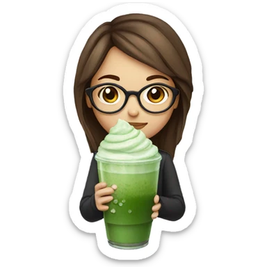Girl with brown hair and glasses holding a iced matcha sticker