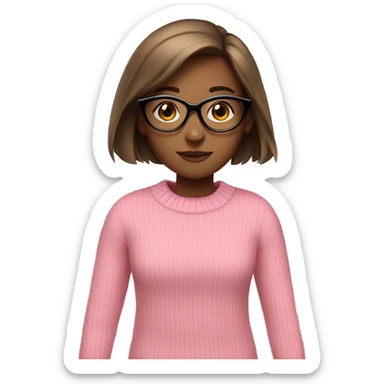 A girl with brown straight hair in a pink sweater with black glasses sticker
