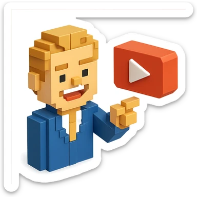 voxel style Leonardo DiCaprio smiling and pointing at a floating YouTube play button, isometric view sticker