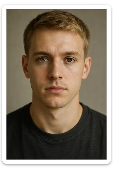 portrait of a young man with short blond hair and green eyes sticker
