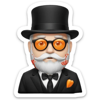 dwarf with a beard, a hairy body black sunglasses and a black top hat on his head. He also has a black tie on his chest. His nose is orange and his skin is pale white. sticker