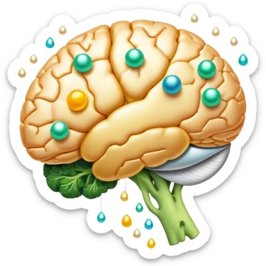 Glowing brain and liver connected by a pearlescent capsule, surrounded by choline-rich foods: eggs, liver, fish, and broccoli. Golden waves showing neural connections flow from the brain, with all elements having an ethereal glow representing cognitive benefits. sticker