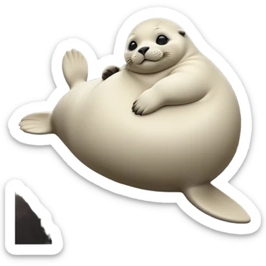 cinematic-seal-realistic-full-body-lounging-emoji,-plump-sleek-body-stretched-out-on-a-rocky-shoreline,-short-smooth-fur-glinting-in-the-sea-breeze,-flippers-tucked-comfortably-beneath-its-body,-large-dark-eyes-filled-with-playful-curiosity,-whiskered-muzzle-lifted-slightly-as-if-smiling,-simplified-yet-realistic-focused-features,-highly-detailed,-glowing-with-a-refreshing-marine-radiance sticker