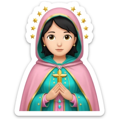 virgen maria catolica con vestido rosa palido. manto verde turquesa y pequeñas estrellas doradas, dispersas por el manto, muchas estrellas en su manto.con las manos juntas y de piel morena con pelo negro lacio sticker