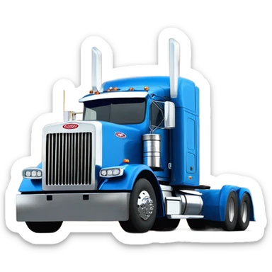Peterbilt 389 volvo blue with flat top and slash cut exhaust stacks and dual rear tires and flat bumper sticker