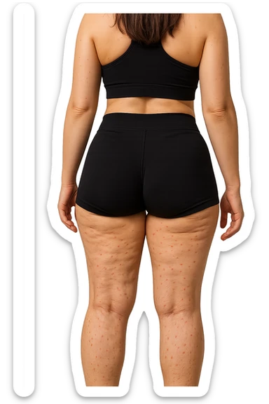 donna di schiena in gym shorts con cellulite e red spot sparsi sulle gambe sticker