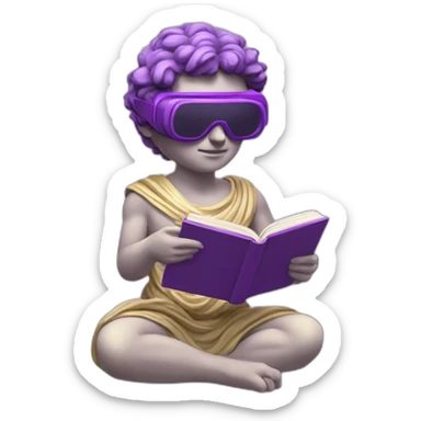 an EMOJI OF A ancient young greek statue reading a book, wearing VR glasses, purple colors, DIGITAL UNIVERSE sticker
