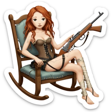 realistic cinematic Tori Amos sits on a rocking chair in a torn corset, holding an antique rifle and her bare feet are muddy. A white snake is wrapped around the chair. sticker