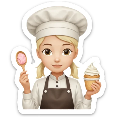 Young female pastry chef - single ponytail, apron, wearing a white hat, holding a cream bag sticker