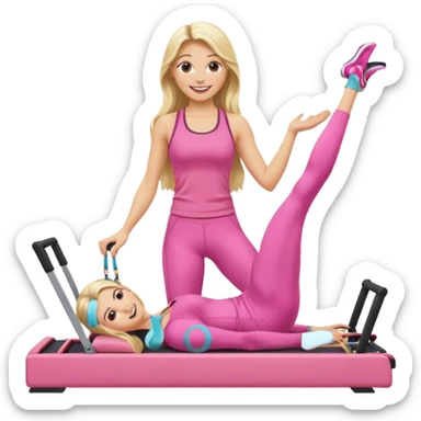 long haired blonde pilates instructor teaching reformer in pink set sticker