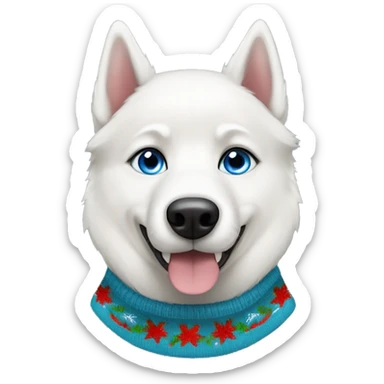 White Siberian Husky dog with blue eyes wearing a Christmas sweater sticker