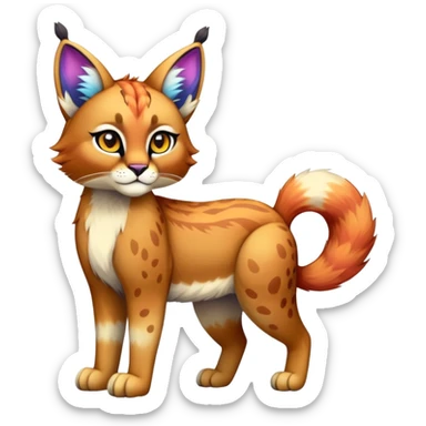 Vibrant multicolored Falvie-Fionbri-Bobcat-Caracal-creature-sparkle-feline-fursona, full body sticker