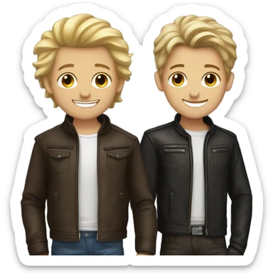 smiling brown haired boy and blonde haired boy in leather jackets sticker