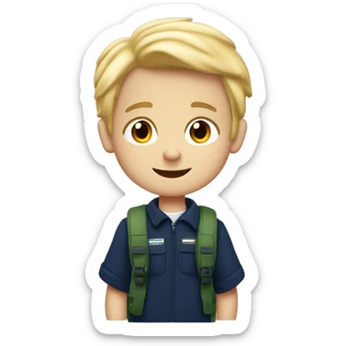 2 boys school, navy fleece, blond hair with ruck sacks sticker