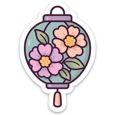 elegant Chinese lantern with large flowers and leaves, detailed shadows and highlights, thin clean outlines, soft rounded shapes, pastel palette #98B5BC, #B5B3C1, #C9A3C9, #E4C0CA, #F7DCD1, #F7C0AA, modern Japanese pop-art and sticker aesthetic, high detail, vector sharpness, soft lighting, transparent background sticker
