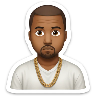 Kanye West staring blankly at a camera wearing a white shirt and a gold chain that slightly shows in the photo. sticker
