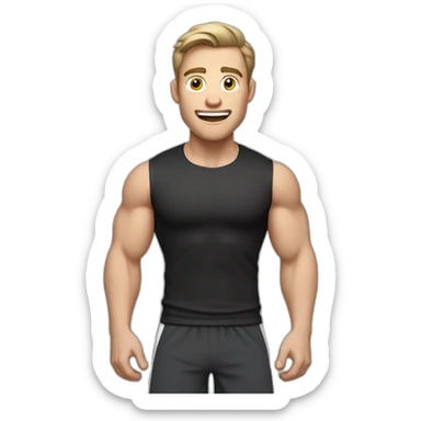 amazed Open with surprise mouth Pale skinned Fit Man With the biceps and dark brown hair in black shirt, gray sports shorts and white Sneakers sticker