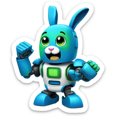 a blue and green robot rabbit has a fist in the air sticker