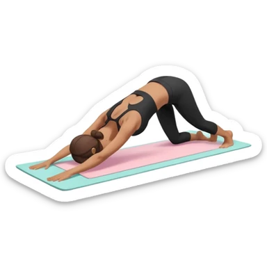 	A woman doing downward dog pose on a yoga mat, black outfit, serene background with soft pastel colors and stars. sticker