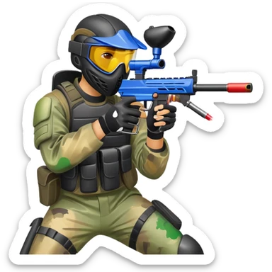A paintball player in full gear, aiming a paintball gun with focus and determination. The scene includes vibrant splashes of paint and a dynamic battlefield setting, emphasizing action, strategy, and teamwork in a competitive environment sticker