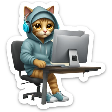 cat is a graphic designer in a hoodie and headphones, working at a computer in photoshop sticker