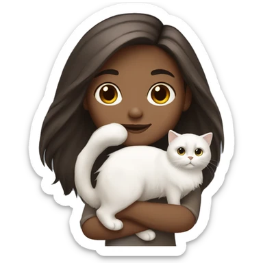 Dark brown straight hair girl with holding fluffy Siberian white cat  sticker
