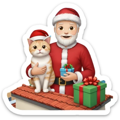 man houd kat vast en staat op dak met cadau`s sticker