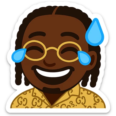 Transform this portrait into a joyful emoji style with a laughing expression and tears of joy. Keep the same clothes, glasses, and details as the provided emoji. The skin tone should be black. Transparent background. sticker