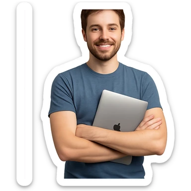 brown-haired web developer, arms crossed, MacBook under arm, friendly look, casual, professional sticker