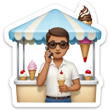 a man standing behind an ice cream stand. he is talking on his phone sticker