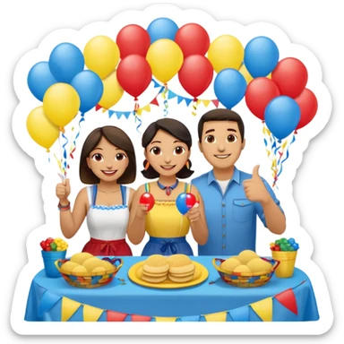 party table decorated with red blue and yellow colors, including a backdrops, balloons arch, streamers and more. On the table are intricate displays of colombian arepas, and baskets of money. In the forefront is a woman and man in simple clothing, big smiles and big thumbs up sticker