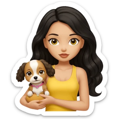 tan pretty bratz girl with long wavy black hair, wearing a yellow tank top with a dog sticker