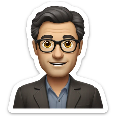 harry joseph sonneborn McDonald's founder Man, short dark hair , high forehead, thick dark eyebrows, large square glasses with thick franose is straight and of medium size,  thin lips, calm smile,wrinkles, cheeks slightly hollow, well-defined jawline sticker