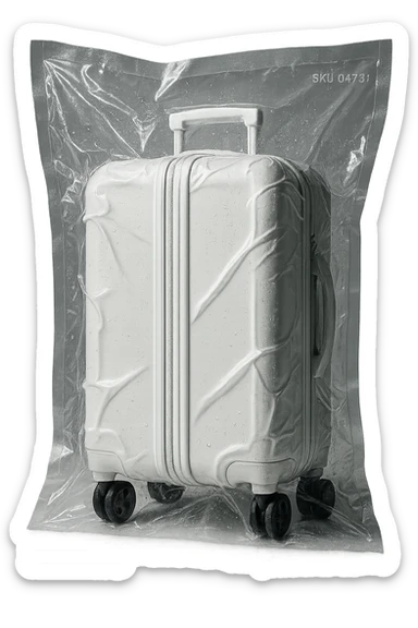 white suitcase on wheels, vacuum sealed style, side view, soft shadows and highlights, pure white color, transparent background, no decoration sticker