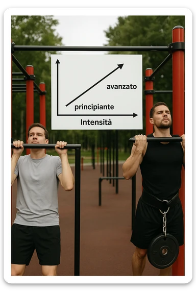 Due atleti fianco a fianco in un parco attrezzato: a sinistra il neofita che fa 10 trazioni leggere con concentrazione, a destra l’atleta avanzato con cintura zavorrata che fa 3 ripetizioni lente e pesanti. Tra loro, grafico sospeso in aria che mostra: 'Volume → neofita | Intensità → avanzato'. Stile realistico con elementi educativi visivi in italiano sticker