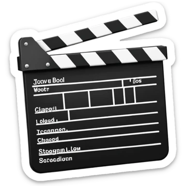 Classic movie clapperboard with traditional black and white striped top part and black base, iOS emoji style sticker