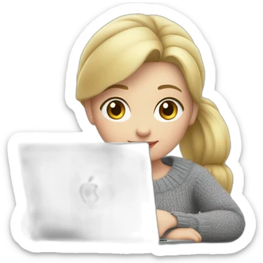 Woman with pale skin, short blonde ponytail and gray sweater sitting at table with Apple laptop sticker